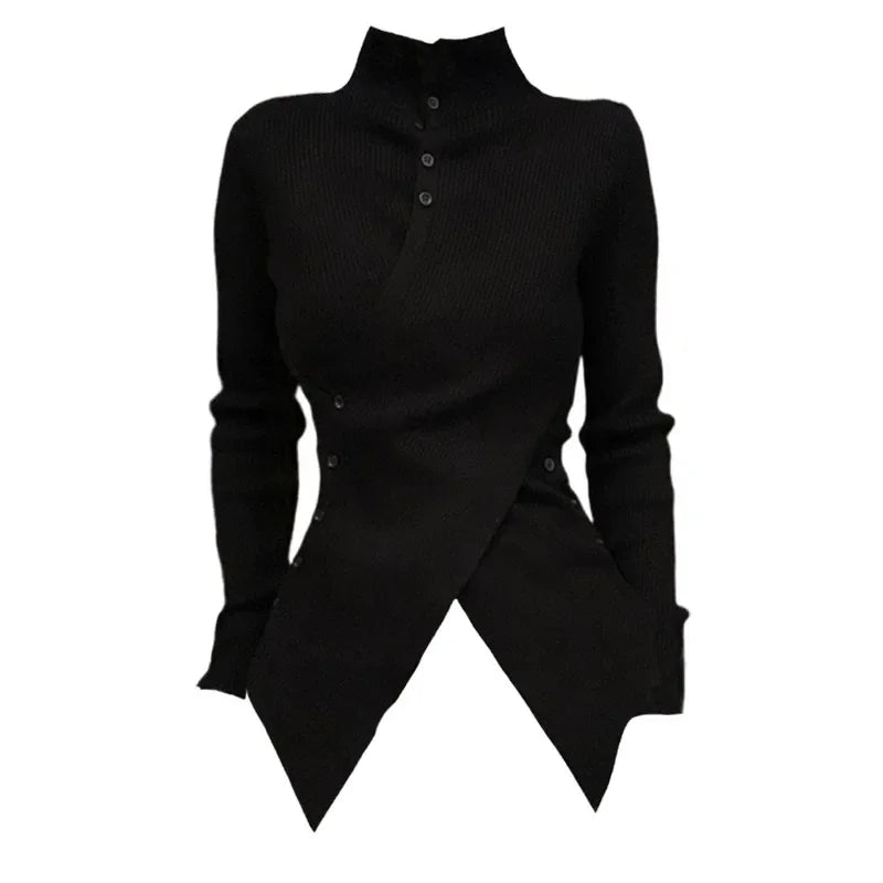 Deeptown Harajuku Black Turtleneck Sweaters Criss Cross Irregular Korean Button Knit Pullovers Slim Warm Aesthetic
