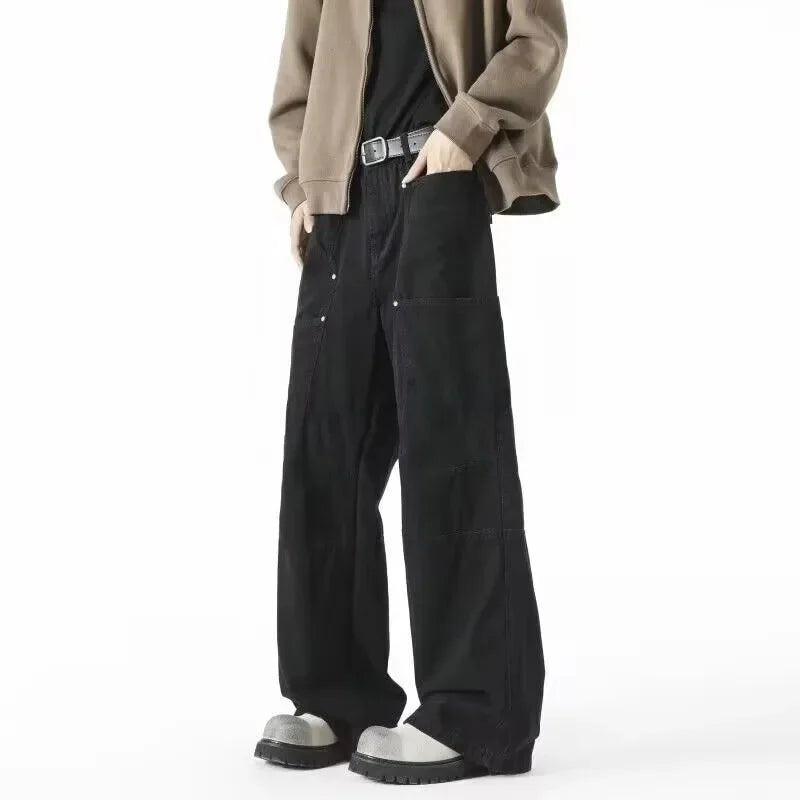 American Retro High Street Pocket Design Jeans Loose Casual Straight Leg Vibe Wide Leg Floor-Length Trendy Pants
