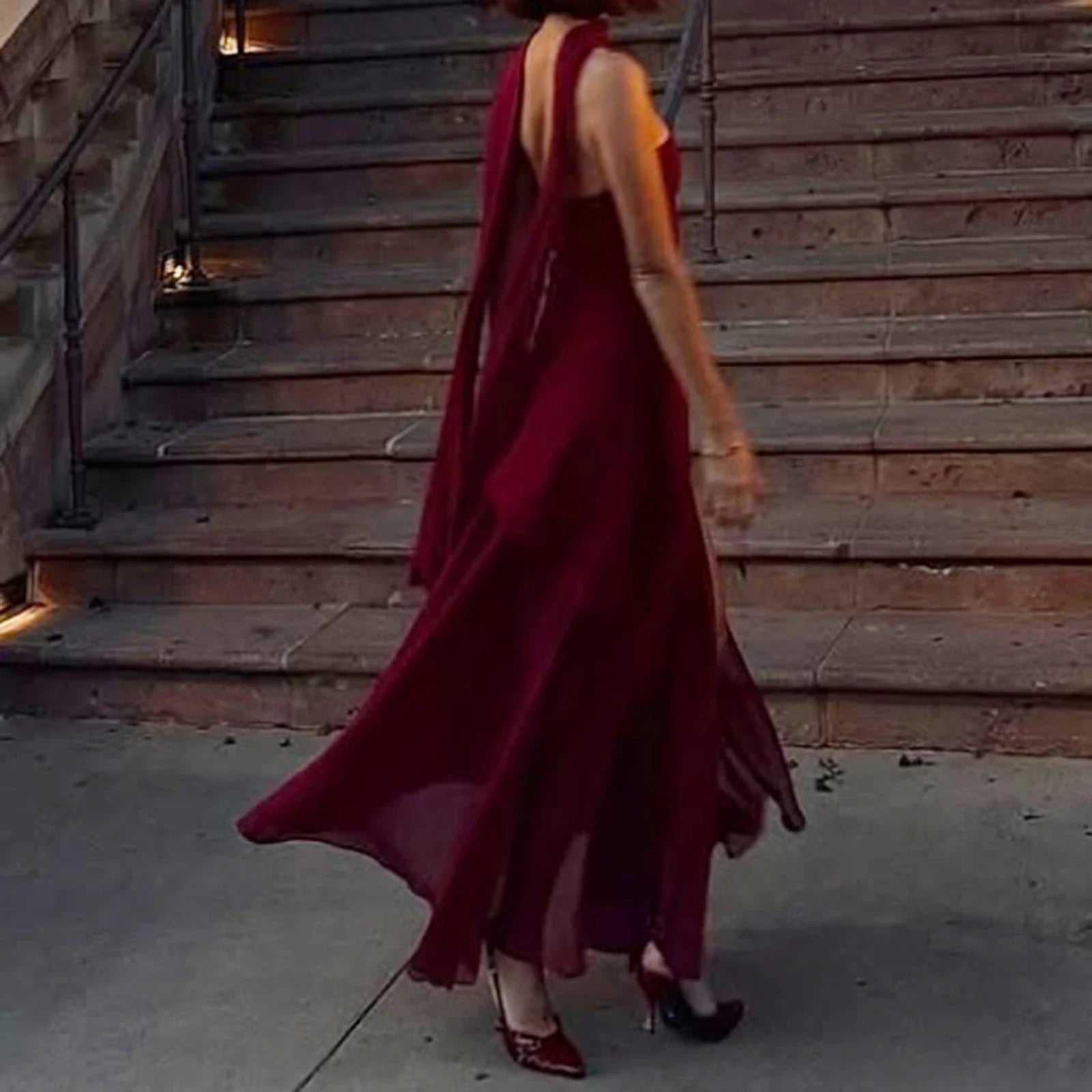Combhasaki Elegant Strapless Sheer Ruffle Hem Patchwork Backless High Split A-line Party Tube Long Dress with Scarf