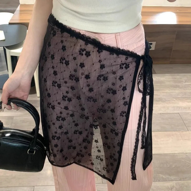 Korean Lace Irregular Skirt Curtain White Flowers Lace Mesh Halfbody Skirt Bottoms Jeans Decorative Hemline