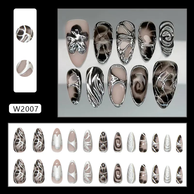 24pcs Flower Print Press on Nails Wine Red Blush Almond False Nail Tips Wearable Reusable Spicy Girl Fake Nails