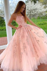 Tulle Spaghetti Straps Prom Dresses Long Lace Appliques Ball Gowns