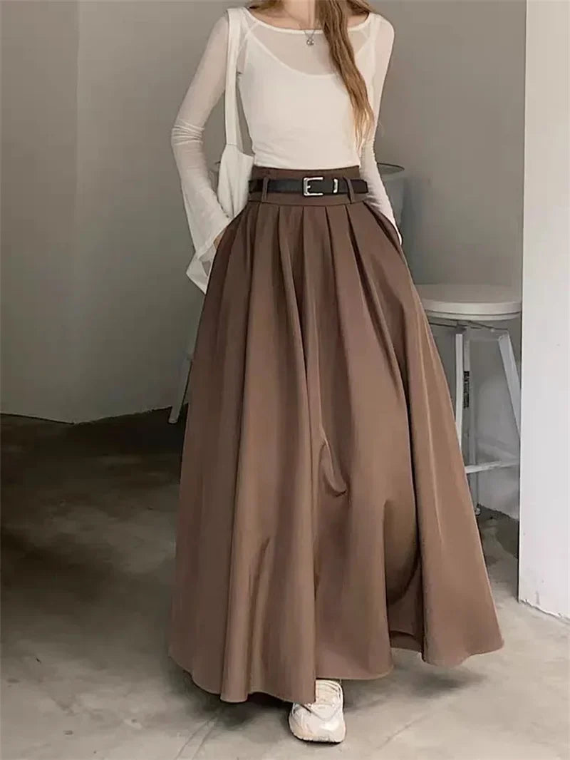 High Waist Jupe Korean Pleating Swing Skirt Vintage Office Falda Holiday Loose Solid Long Skirt