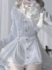 Gothic Vintage Girl Slim Patchwork Dress High Street Lace Skinny Long Sleeve Dresses France Sweet White Clothing New