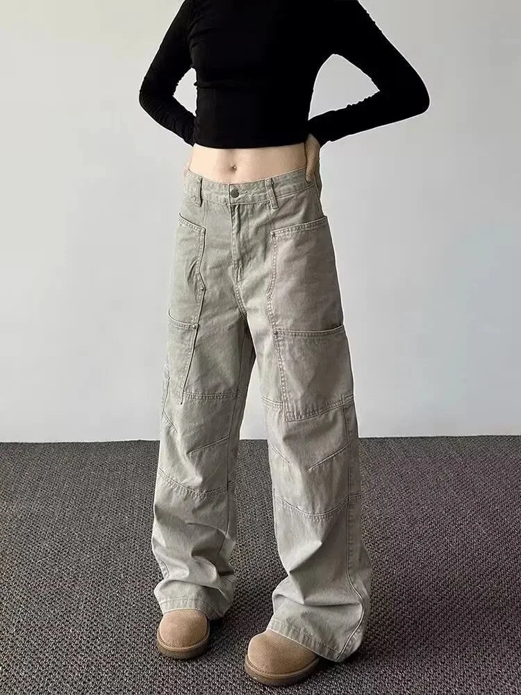 American Retro High Street Pocket Design Jeans Loose Casual Straight Leg Vibe Wide Leg Floor-Length Trendy Pants