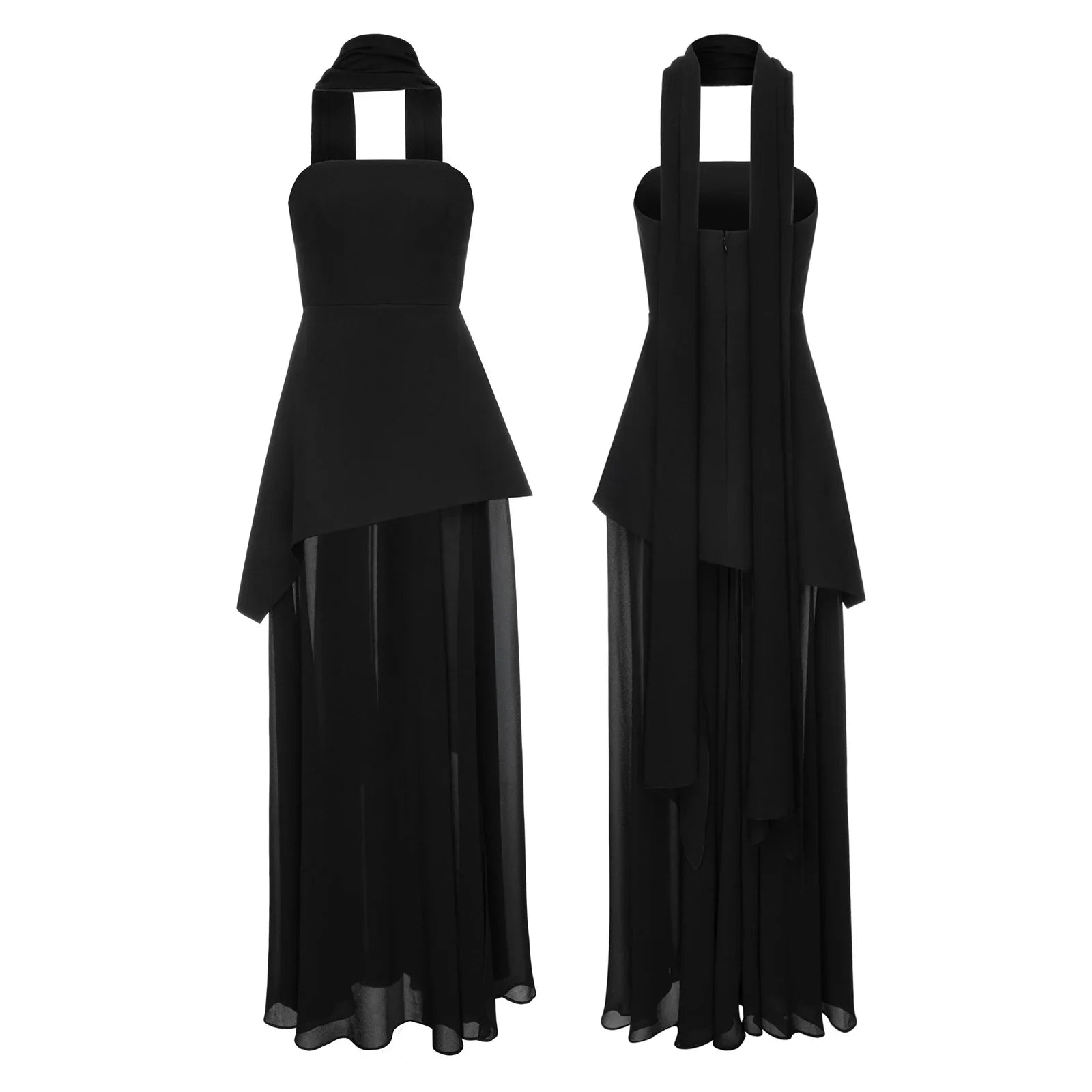 Combhasaki Elegant Strapless Sheer Ruffle Hem Patchwork Backless High Split A-line Party Tube Long Dress with Scarf