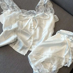 White Pajamas Sleepwear Spaghetti Strap Shorts Sets 2 Pieces Lace Night Wears Korean Sleeping Lace Home Suit