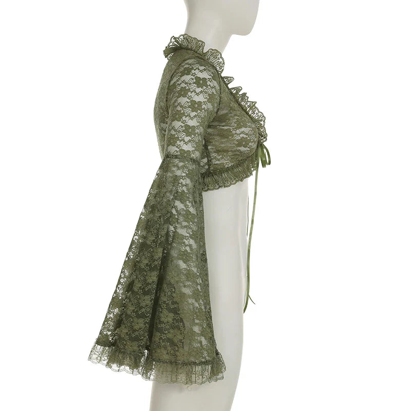 Green Y2K Mori Girl Flared Sleeve Cardigan