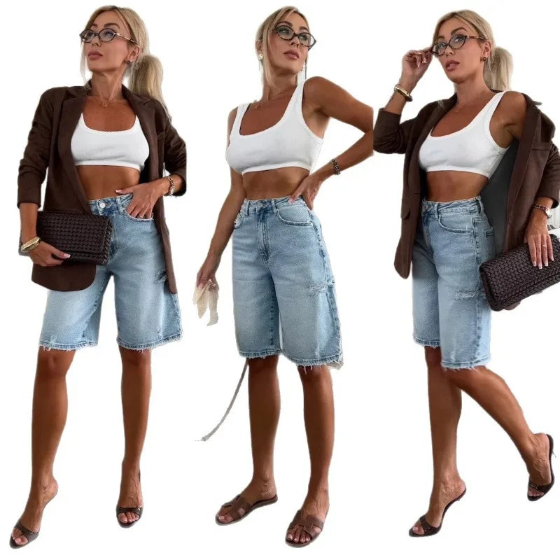 American Street Style Urban Leisure Loose Washed Hole Denim Shorts