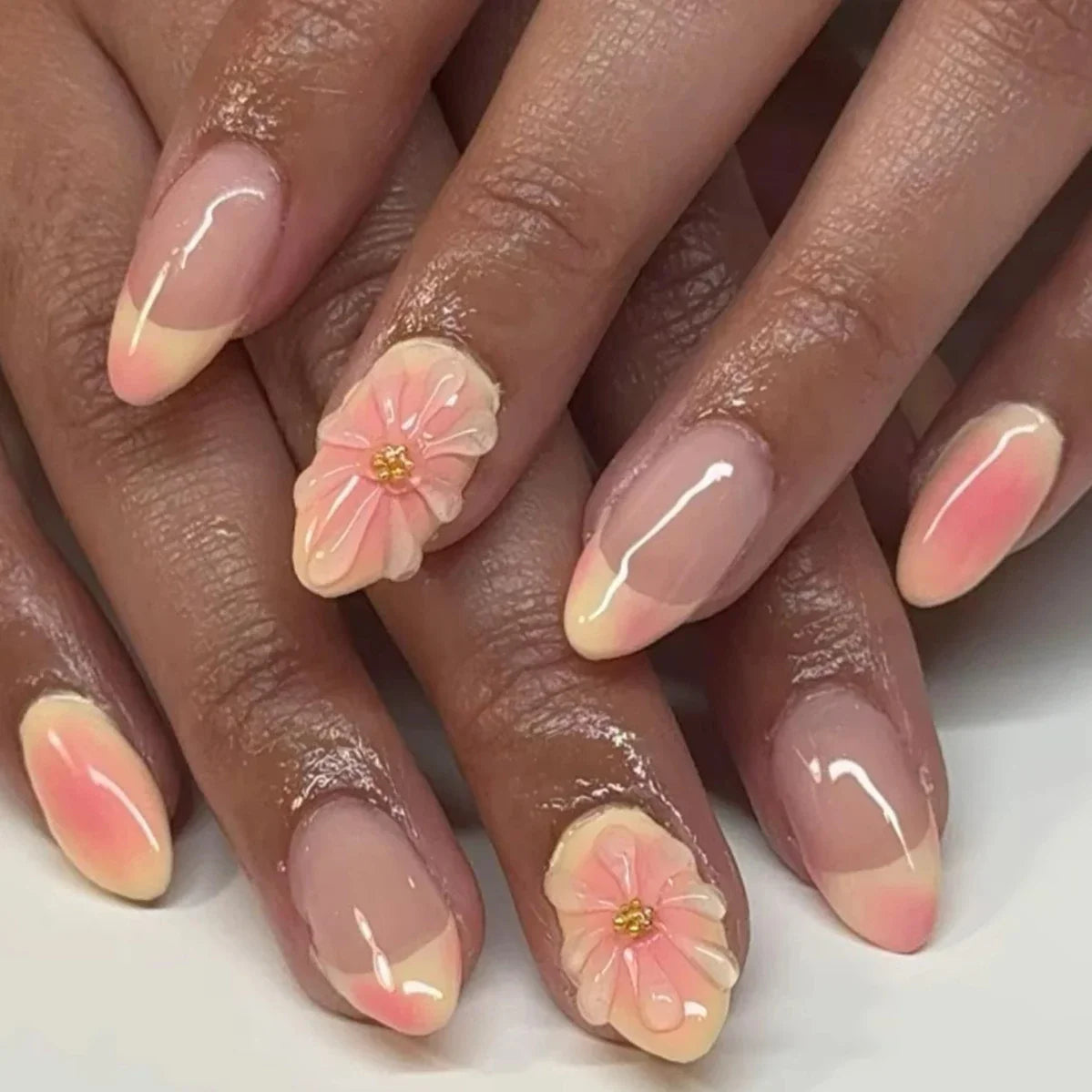 Pink Yellow Halo Dyeing Flower Water Ripple False Nails Leopard Long Pointed Fake Nails Art Press on Nails Charm Manicure