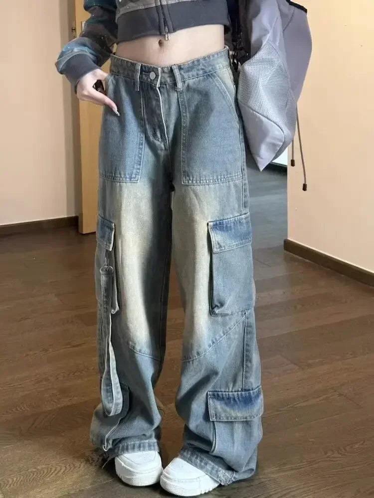 Jean Spliced Pockets Cargo Pants Washed Denim High Waist Full Length Jeans Loose Solid Basics Patchwork Distressed