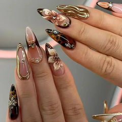Pink Yellow Halo Dyeing Flower Water Ripple False Nails Leopard Long Pointed Fake Nails Art Press on Nails Charm Manicure