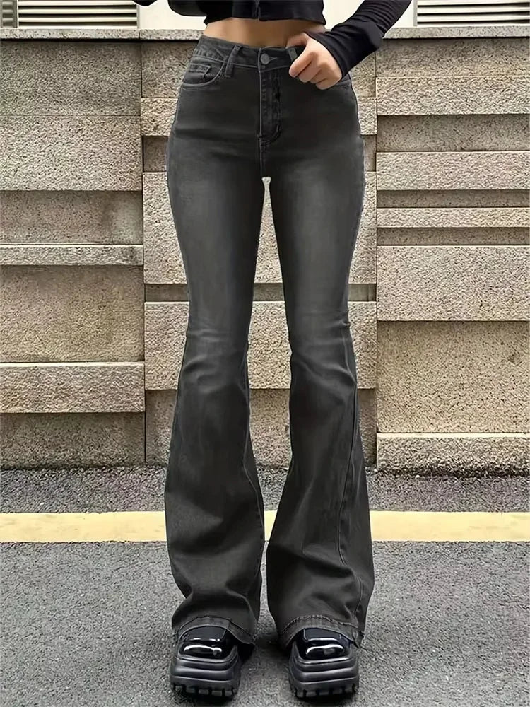 Flare Stretch Moustache Jeans Skinny Bell Bottom High Waist Gray Denim Pants Lady Classic Y2K Punk Long Trousers