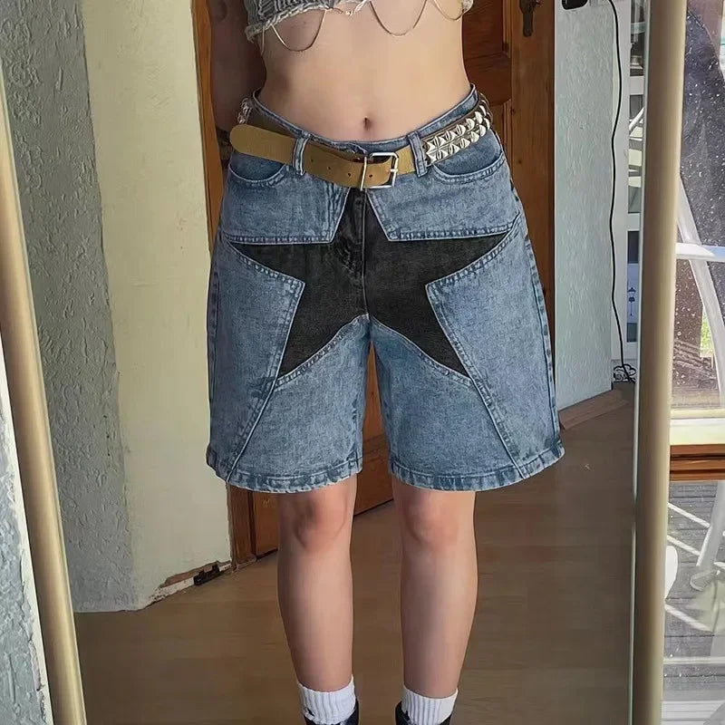 Aelfric Eden Star Patchwork Denim Shorts Hip Hop Streetwear Shorts Y2K Harajuku Casual Track Shorts Sweatpants