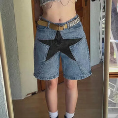 Aelfric Eden Star Patchwork Denim Shorts Hip Hop Streetwear Shorts Y2K Harajuku Casual Track Shorts Sweatpants