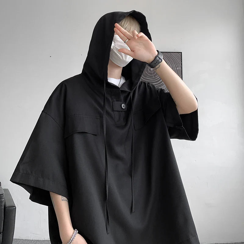 5 Colors Hooded T shirt Korean Half Sleeve Pullover Streetwear Loose T-shirt Tops Drawstring Clothing