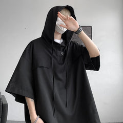 5 Colors Hooded T shirt Korean Half Sleeve Pullover Streetwear Loose T-shirt Tops Drawstring Clothing