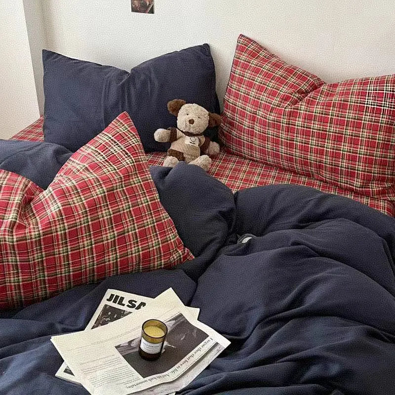 Bedding Set Ins Ambiance Blue Coffee Grid Mixed With Washed Cotton Minimalist Four Piece Set Fitted Sheets Duvet Cover