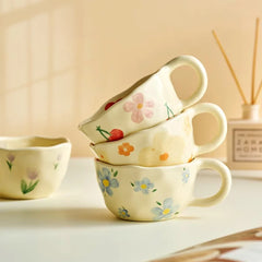 Ceramic Mugs Coffee Cups Hand Pinched Irregular Flower Milk Tea Cup Ins Korean Style Oatmeal Breakfast Mug Drinkware Kitchen