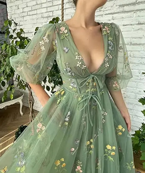 Prom Dresses Green Fairy Puffy Sleeve Lace Embroidery Tulle