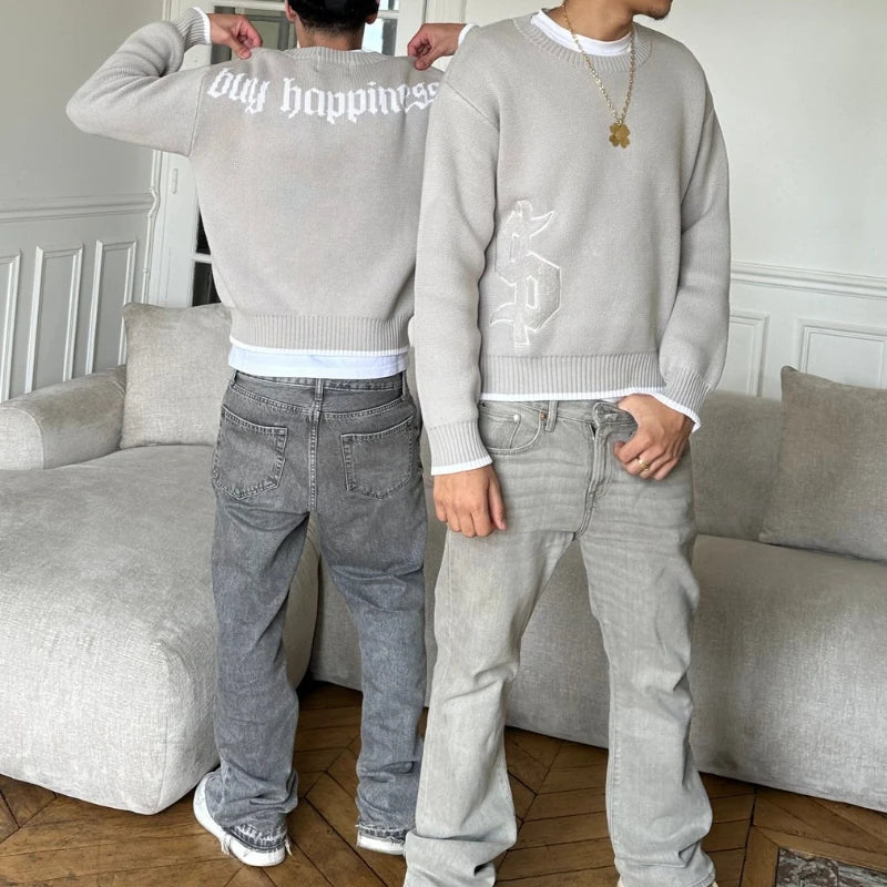 Gray Money Sign Sweater Y2k American Dollar Knit Pullover Vintage Classic Streetwear Warm Crewneck Top Casual
