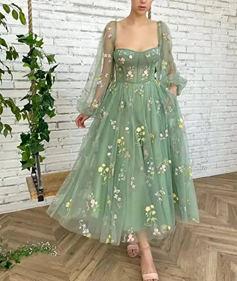 Prom Dresses Green Fairy Puffy Sleeve Lace Embroidery Tulle