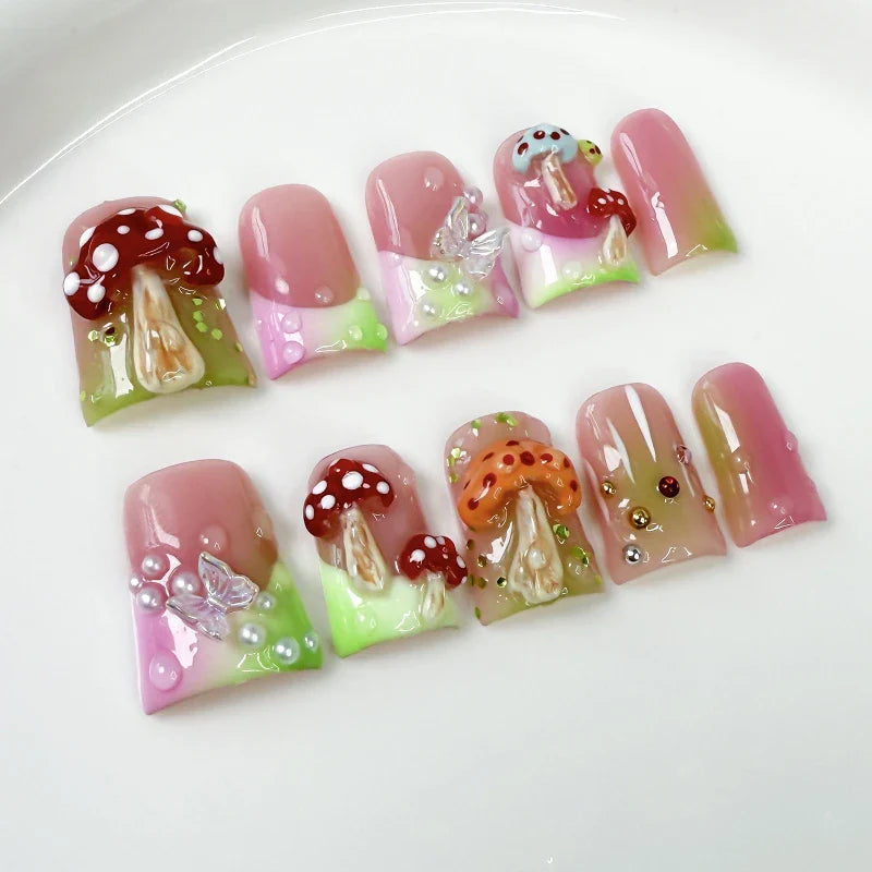 Y2K Retro Handmade Duck False Nails Nude Pink French Tips with Handcrafted Mushroom Aurora Butterfly Pearl Design Fake Nail