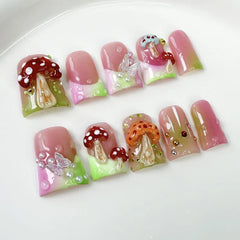 Y2K Retro Handmade Duck False Nails Nude Pink French Tips with Handcrafted Mushroom Aurora Butterfly Pearl Design Fake Nail