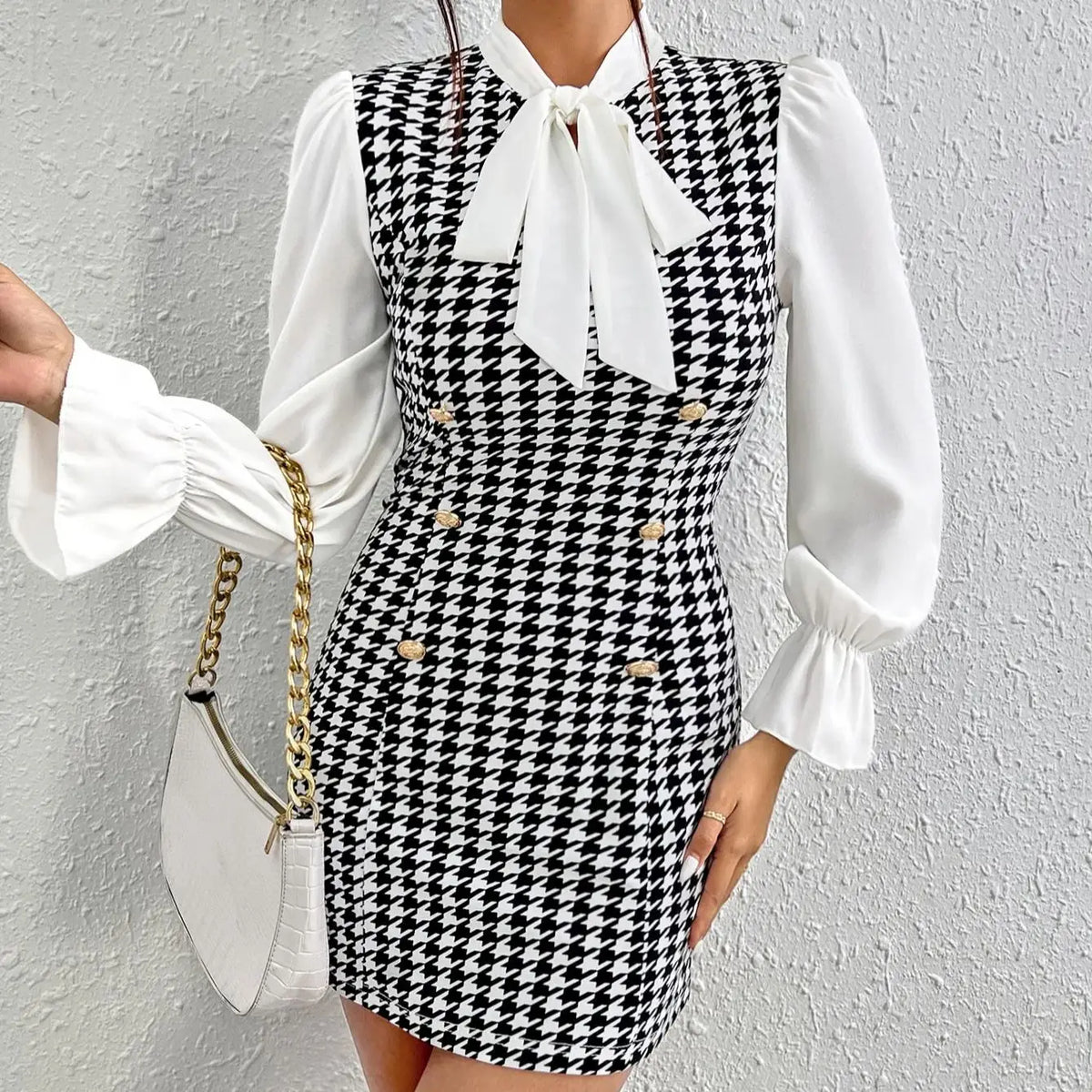 Temperament Color Contrast Print Casual Bow Tie Slim Long-sleeved Dress