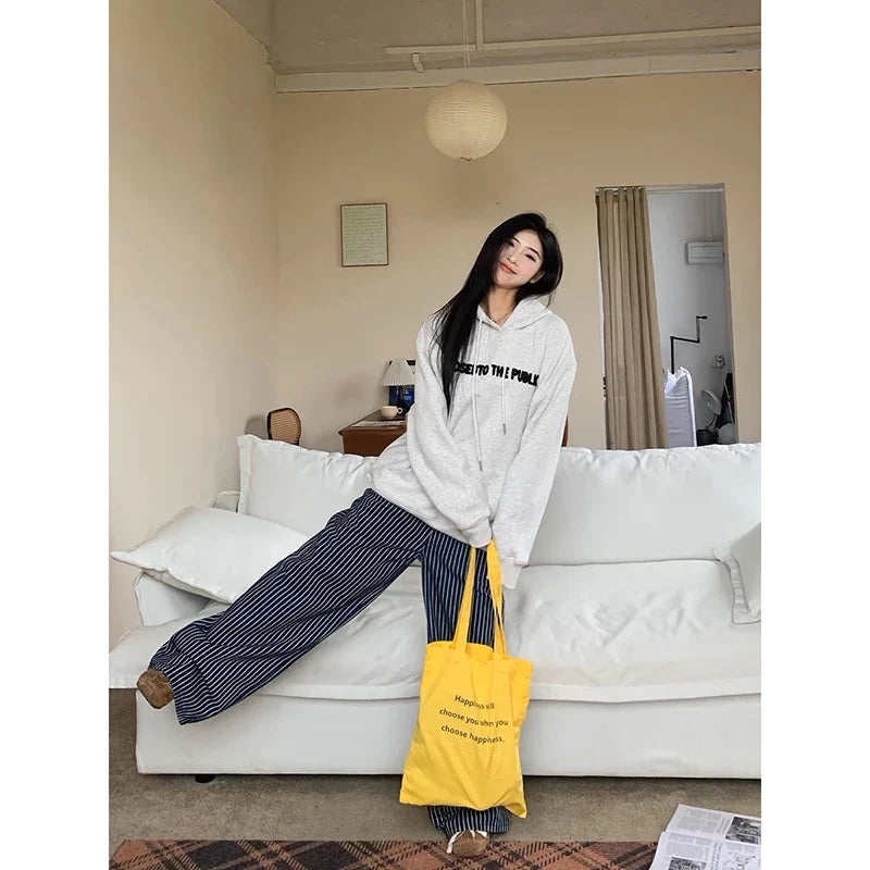 Y2K Vintage 90s Blue Striped High Waist Wide Leg Pants Long Loose Korean Trousers Full Length Bottom Jeans Pants