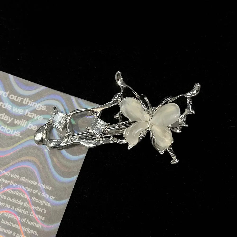 1/4pcs Y2K Irregular Liquid Metal Hairpin Butterfly Zircon Hair Clips Girl Silver Bang Clip