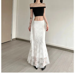 SylCue Lace Patchwork Skirts High Waist Hip-Covering Irregular Casual Creamy Sweet Style Ruched Elegant Outfits