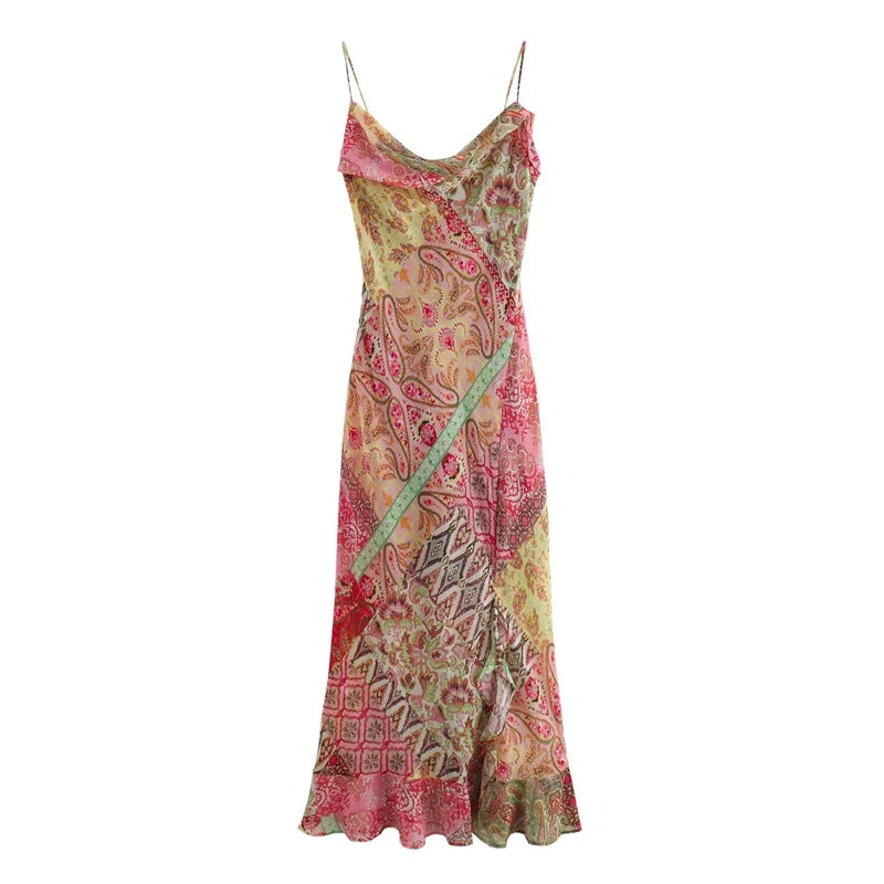 Slip Dress Patchwork Print Backless Dresses