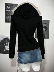 Y2K Harajuku Gothic Hoodie Slim Chic Suede Fur Collar Letter Print Cardigan Sweatshirt Streetwear