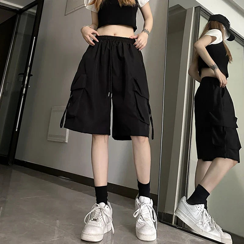 S-3Xl Y2K Cargo Shorts Harajuku Black Oversized Wide Leg Shorts Streetwear High Waist Baggy Short Pants New