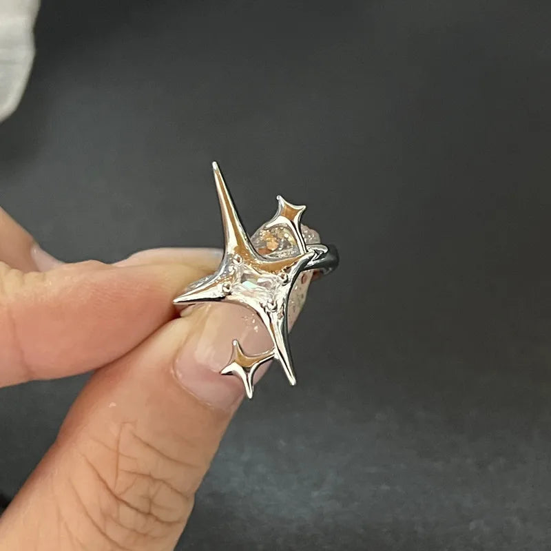 Y2K Crystal Rings Kpop Heart Adjustable Ring Irregular Geometry Punk Vintage Rings Set