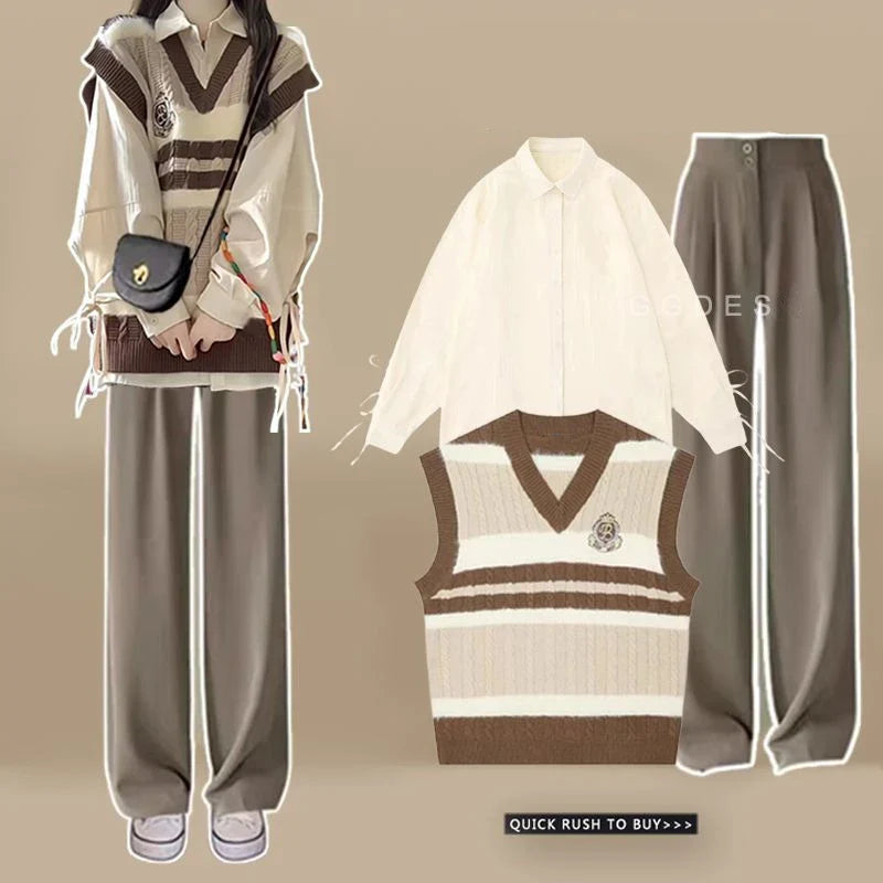 Preppy Style Knit Vest Bandage Shirts Wide Leg Pants Three Piece Set Lady Patchwork Tank Sweater Jeans Suits