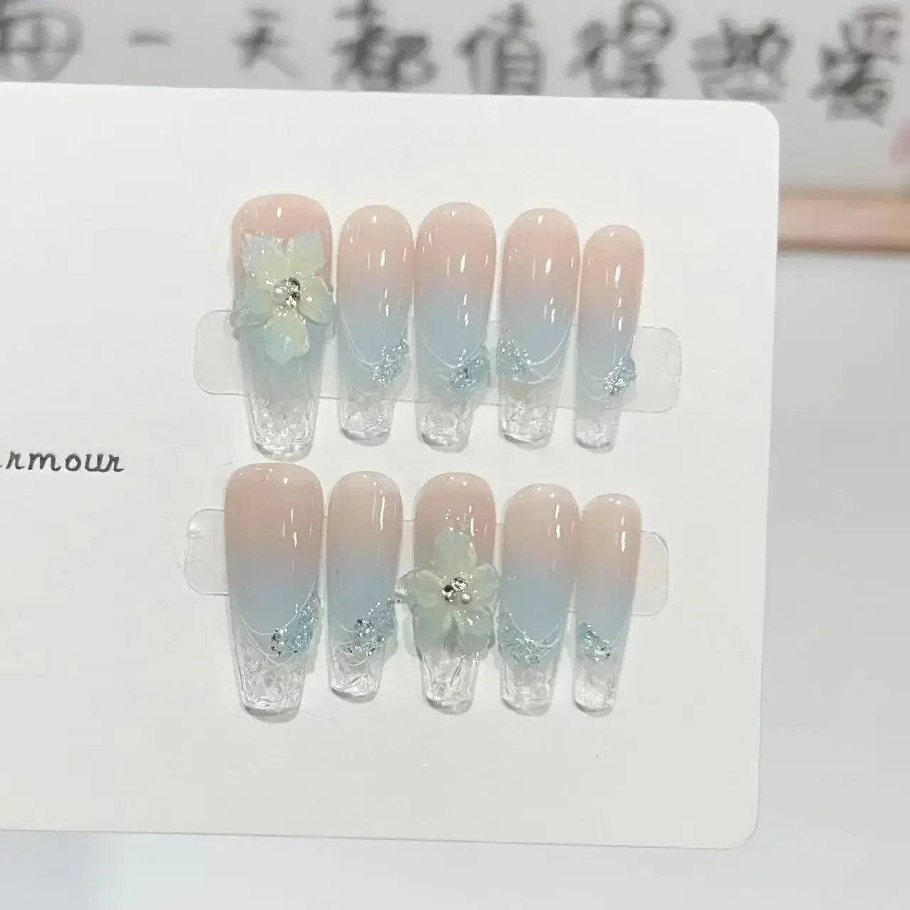 10pcs Aurora Cat Eye Handmade Press on Nails Pink Cherry Blossom False Nails Crystal Flower Pearl Fake Nails French Coffin Nail