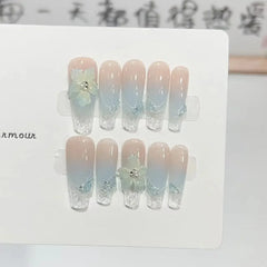 10pcs Aurora Cat Eye Handmade Press on Nails Pink Cherry Blossom False Nails Crystal Flower Pearl Fake Nails French Coffin Nail