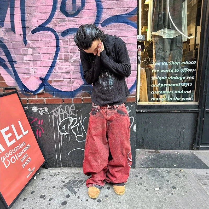 Y2K Casual Loose Jeans Vintage Letter Print Rivet Waist Belt Design Red High Waist Wide Leg Jeans Hip Hop Streetwear