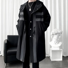 Trench coat Windbreaker Patchwork Color Medium Long Trenchcoat Korean Covered Button Male Hooded Trench Jacket