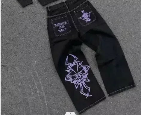 American Y2k Gothic Punk Pocket Embroidered Jeans Harajuku Retro Blue Loose Jeansable High Waist Slimming Wide Leg Pants