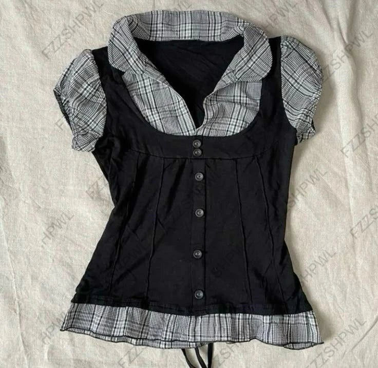 Y2K Vintage Pleated Tees Trashy Street Clothing Girl Slim Fit Tees Harajuku Casual Sweet Tops Chic