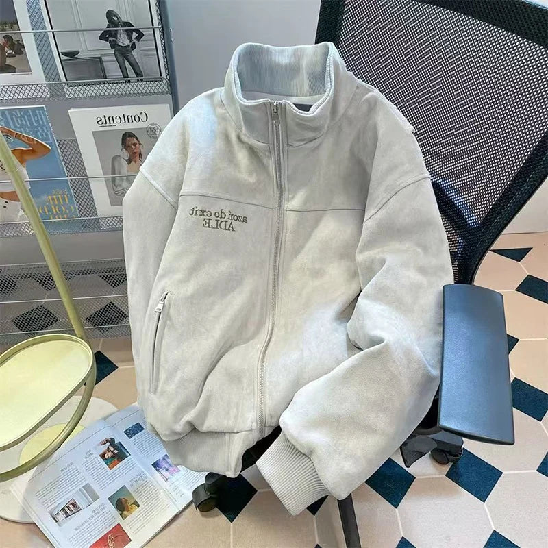 Letter Embroidery Baseball Jacket Y2K American Loose Streetwear Casual Coats Bf Plush Thick Warm Zipper Outerwear