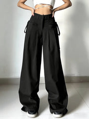Black High Waist Wide Leg Suit Pants Pleated Front Side Tie Detail Loose Fit Casual Streetwear Trousers