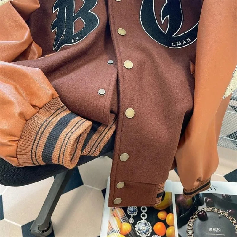 American Retro Letter Flocking Splicing Jacket Y2K High Street Hip-hop Loose Tooling Baseball Uniform Jacket