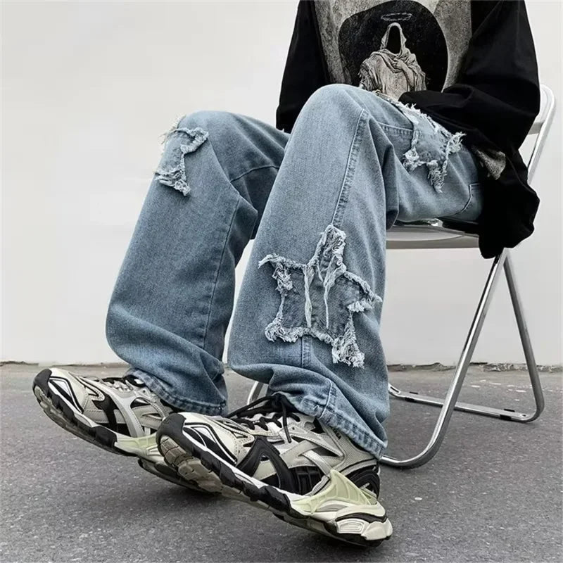 Stars Towel Embroidery Brown Jeans Y2K Clothes Straight Hip Hop Cotton Trousers Pantalon Homme