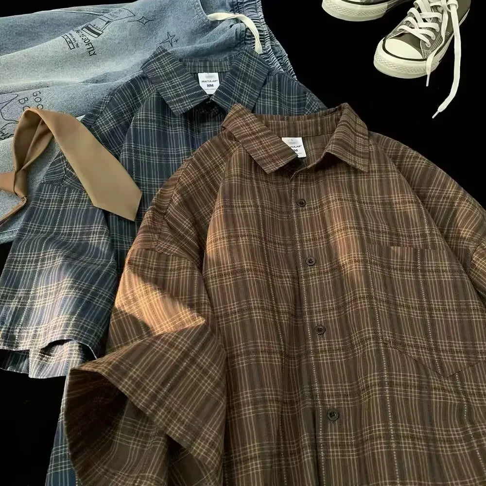Japanese Vintage Plaid Short Sleeve Shirt Streetwear Loose Fit High-end Feel Casual Stylish Versatile Half Sleeve Jacket