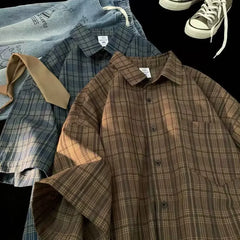 Japanese Vintage Plaid Short Sleeve Shirt Streetwear Loose Fit Casual Stylish Versatile Half Sleeve Underwear