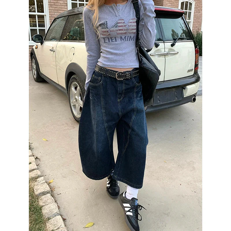 Blue Jeans High Waist Vintage Design Hip Hop Straight Baggy Denim Pants Street Y2K American Style Wide Leg Denim Trouser